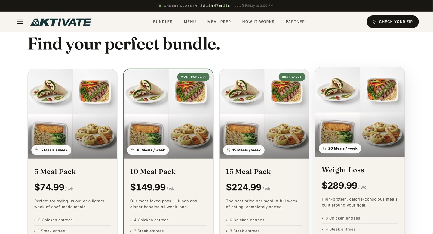 Aktivate Kitchen meal bundles with prices