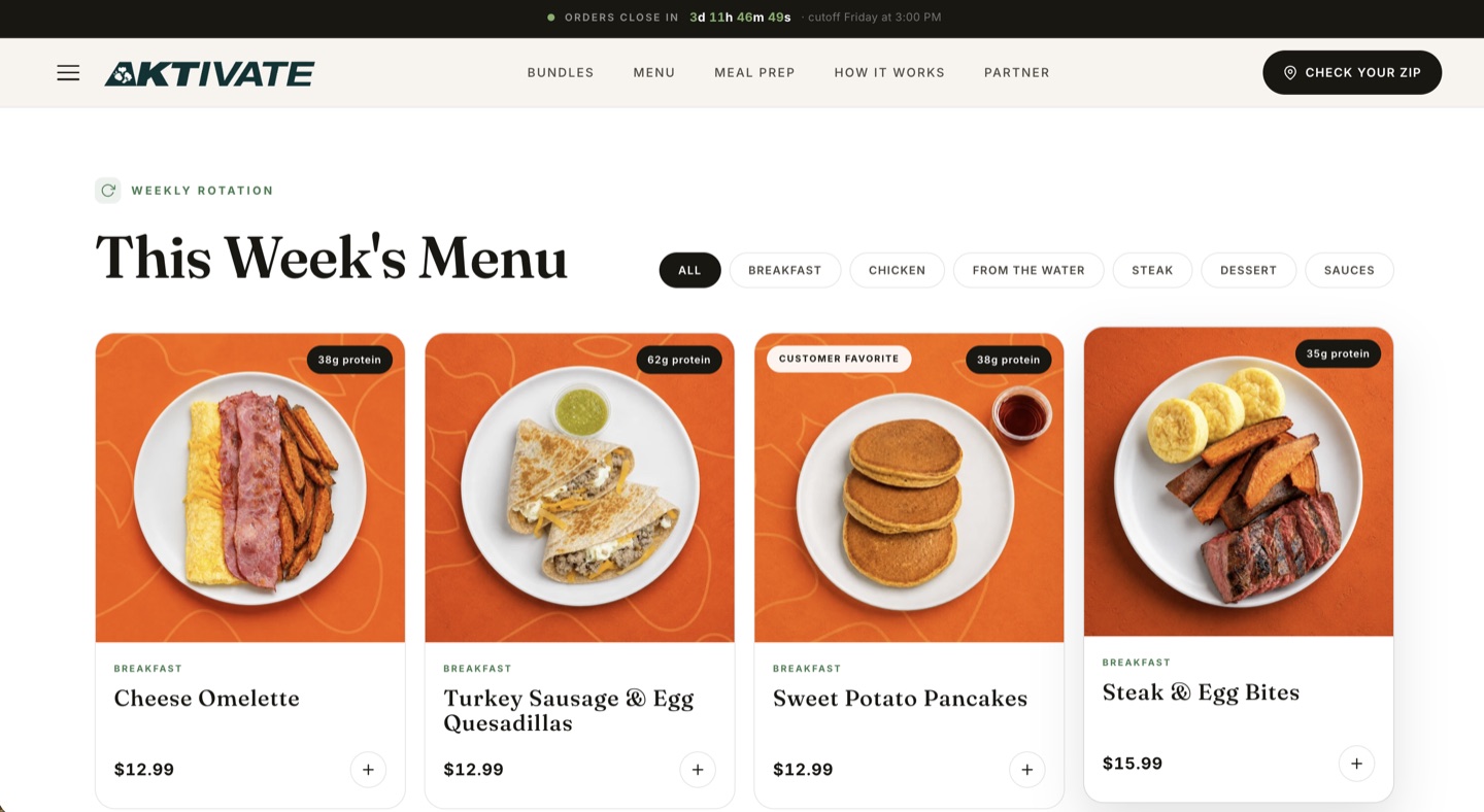 Aktivate Kitchen weekly menu grid