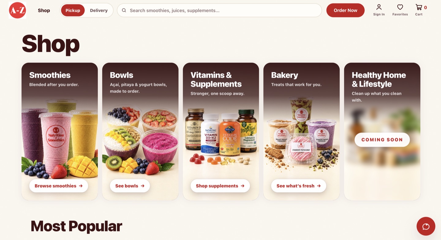 A-Z Nutrition online shop: smoothies, bowls, vitamins, bakery