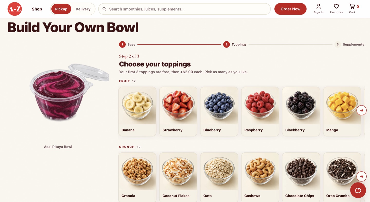 A-Z Nutrition build-your-own-bowl toppings picker