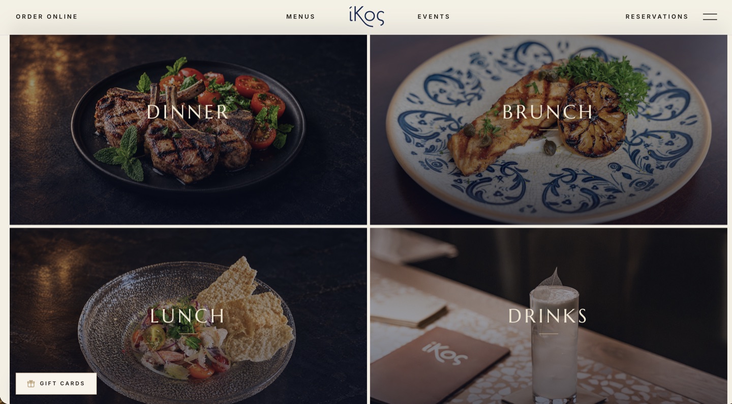 IKOS menus: dinner, brunch, lunch, drinks