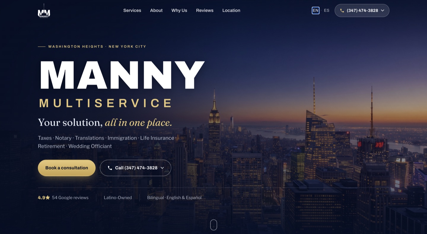 Manny Multiservice home page over the New York skyline