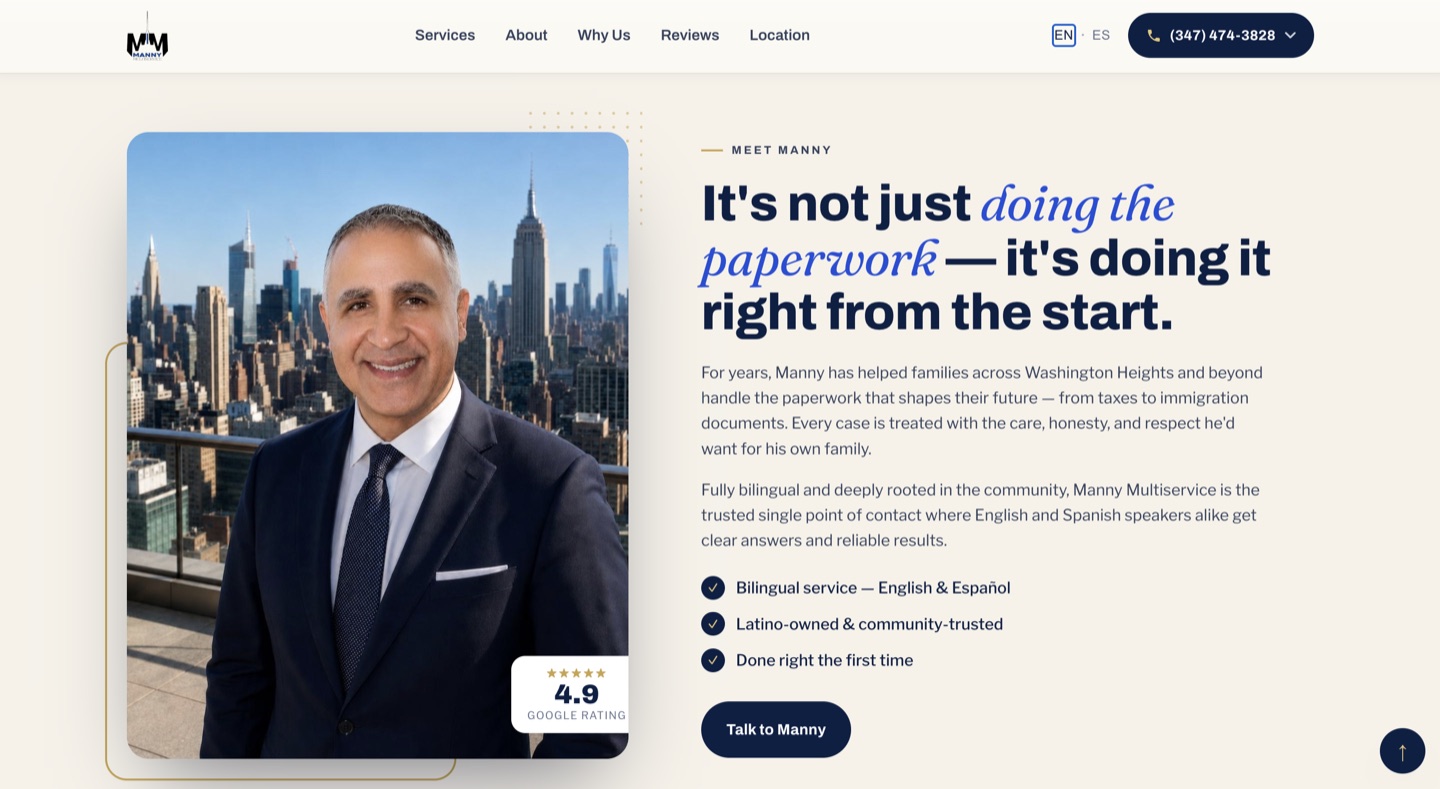 Manny Multiservice about page with portrait