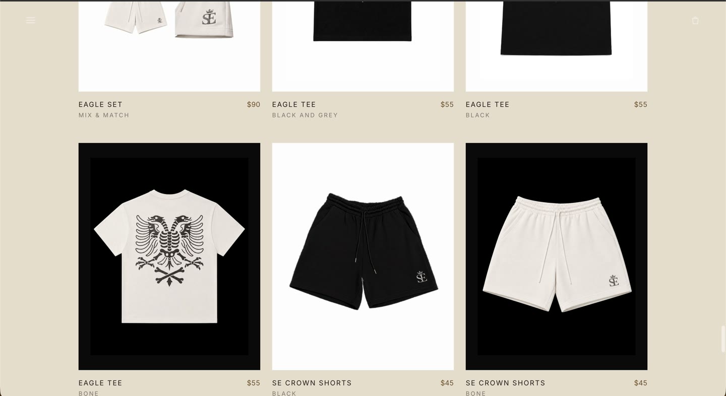 Silent Empire shop grid of tees and shorts