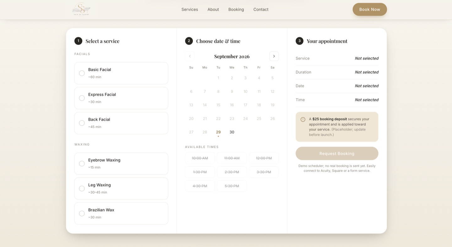 Skin by Sahiry booking flow: pick a service, date, and time