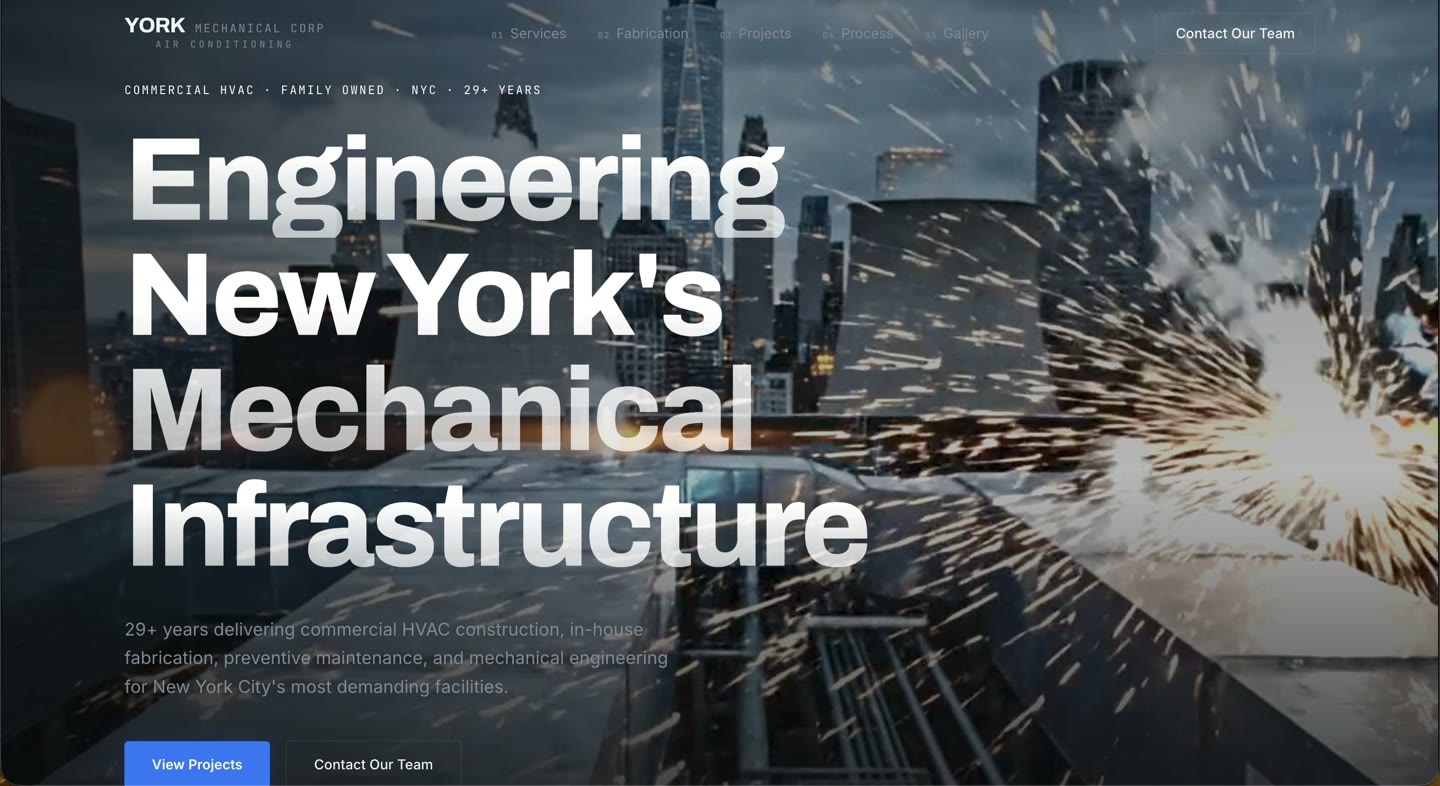 York Mechanical home page with welding sparks